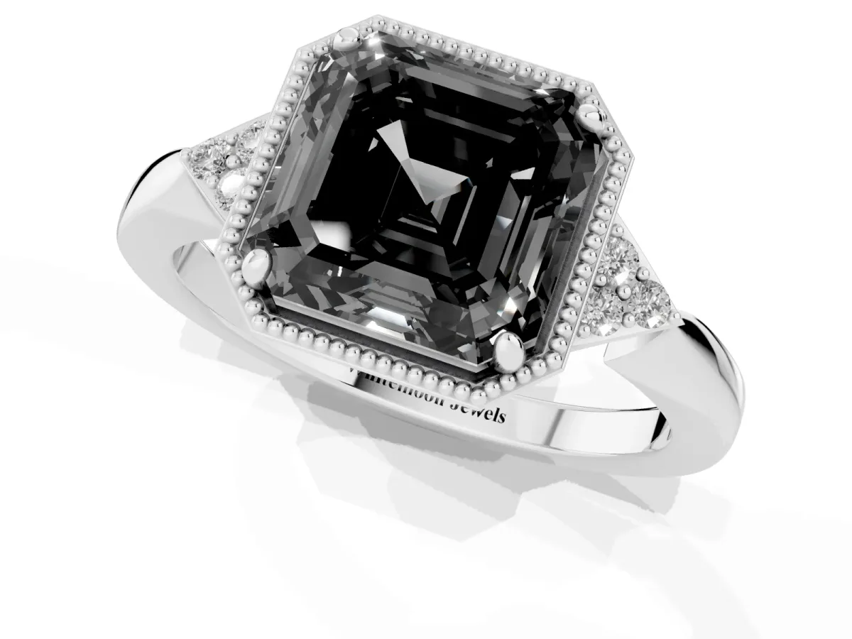 Fancy Black Hexagonal Halo Asscher Cut Diamond Solitaire with Pavé Band and Four-Prong Setting Silver