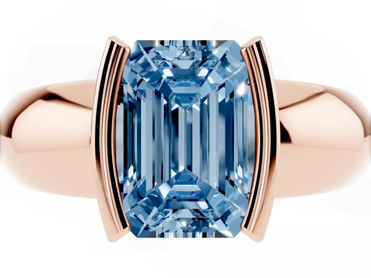 Fancy Blue Emerald Cut Solitaire Tension Set Diamond Ring with Wide Band Rose gold
