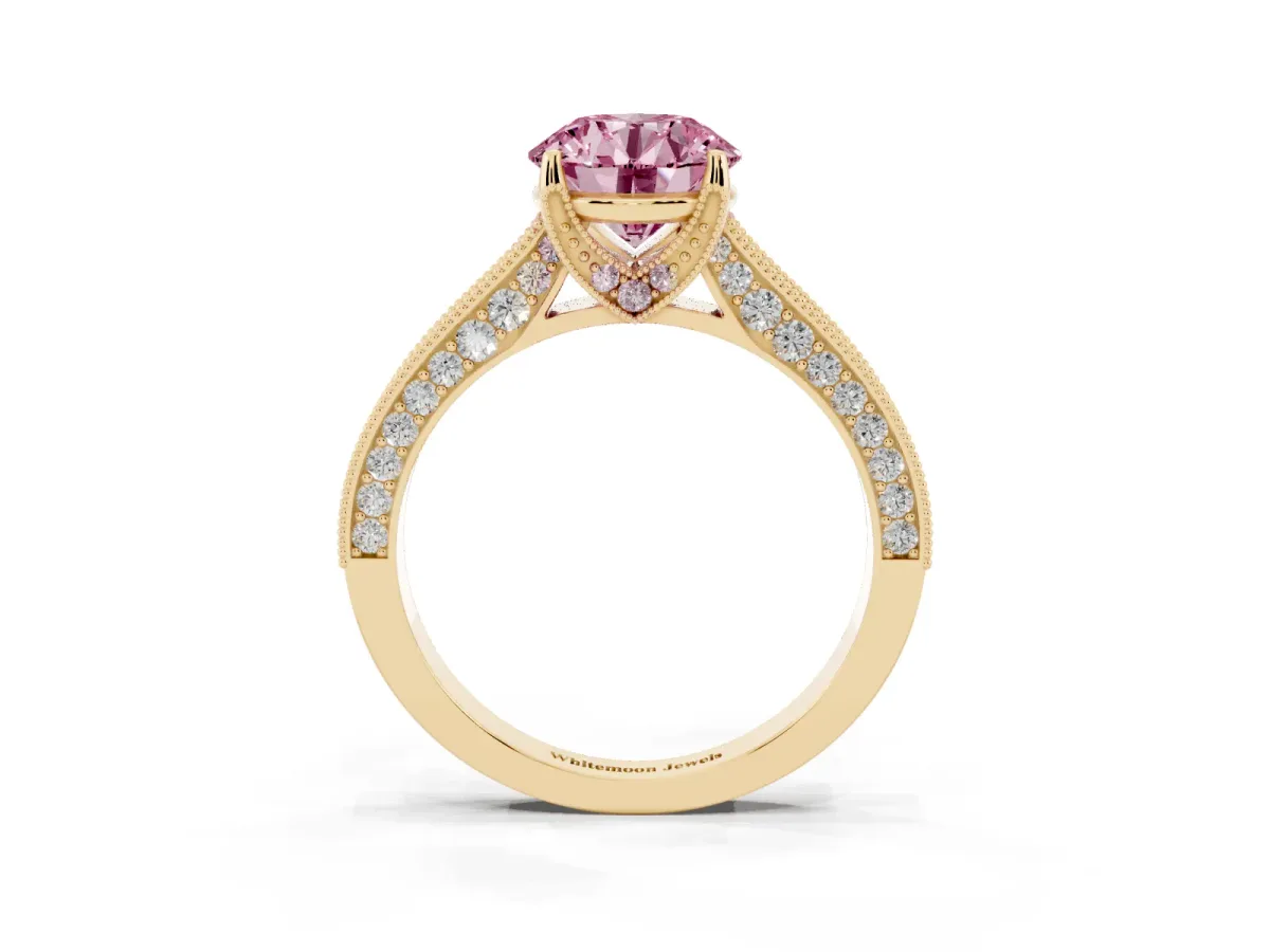 Fancy Pink Round Cut Cut Diamond Solitaire Ring with Milgrain Pave Band and Four Prong Setting Yellow gold