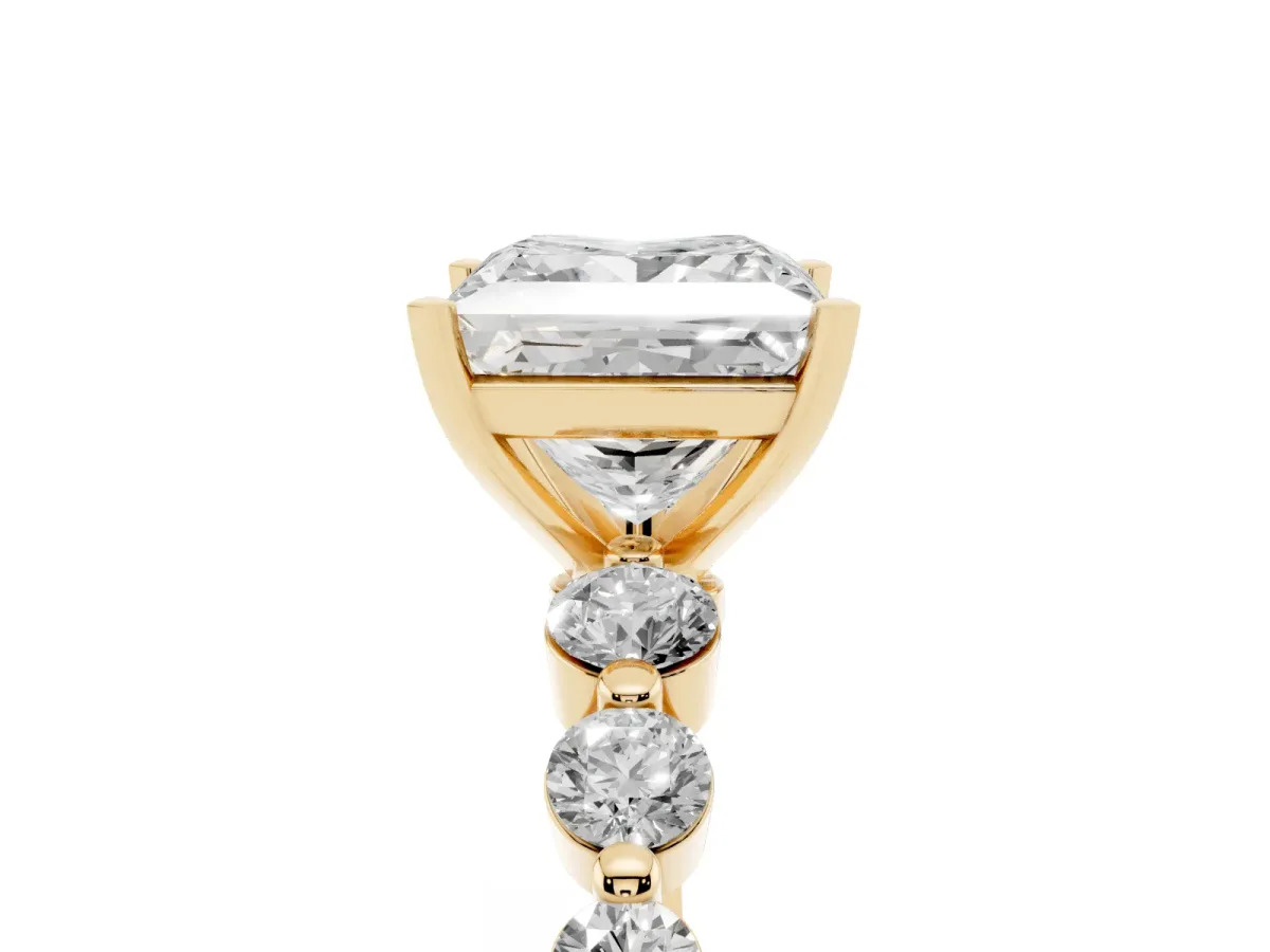 Princess Cut Solitaire Diamond Ring with Pave Band and Four-Prong Setting Yellow gold