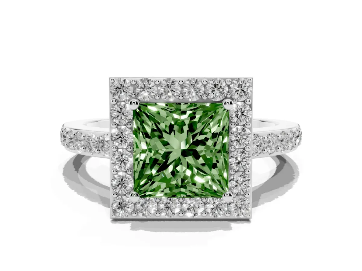 Fancy Green Princess Cut Halo Diamond Pavé Band Ring with Prong Setting Silver