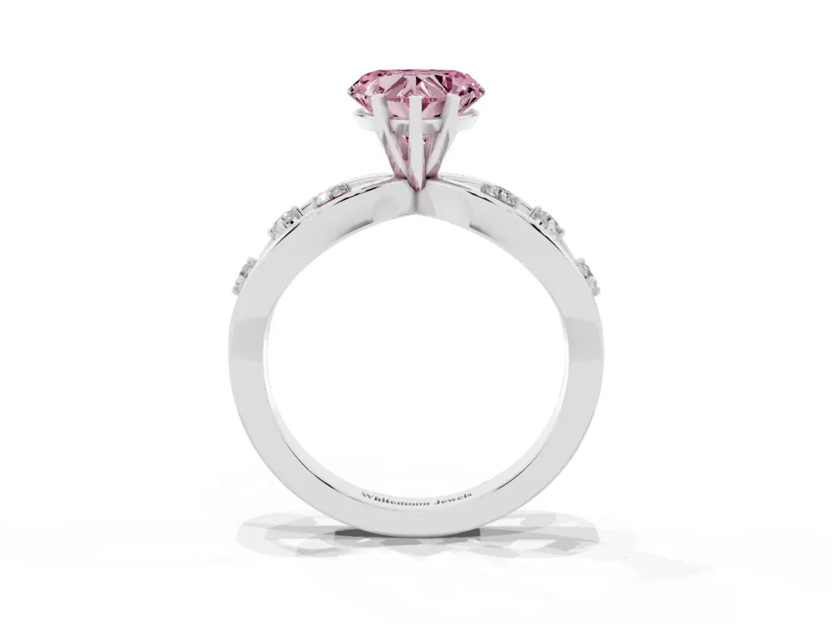 Fancy Pink Heart Cut Cut Solitaire Diamond with Side Stones on Criss-Cross Band and Four-Prong Setting Silver