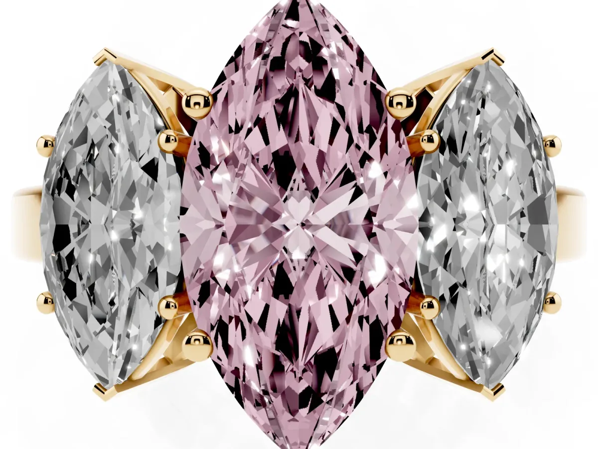 Fancy Pink Three-Stone Marquise Cut Cut Diamond Engagement Ring with Flat Band and Four-Prong Setting Yellow gold