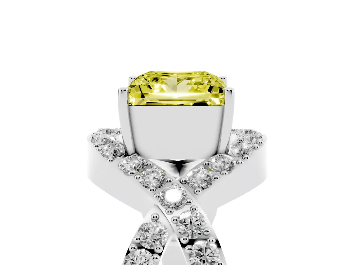 Fancy Yellow Princess Cut Solitaire Twist Band Pavé Diamond Engagement Ring Silver