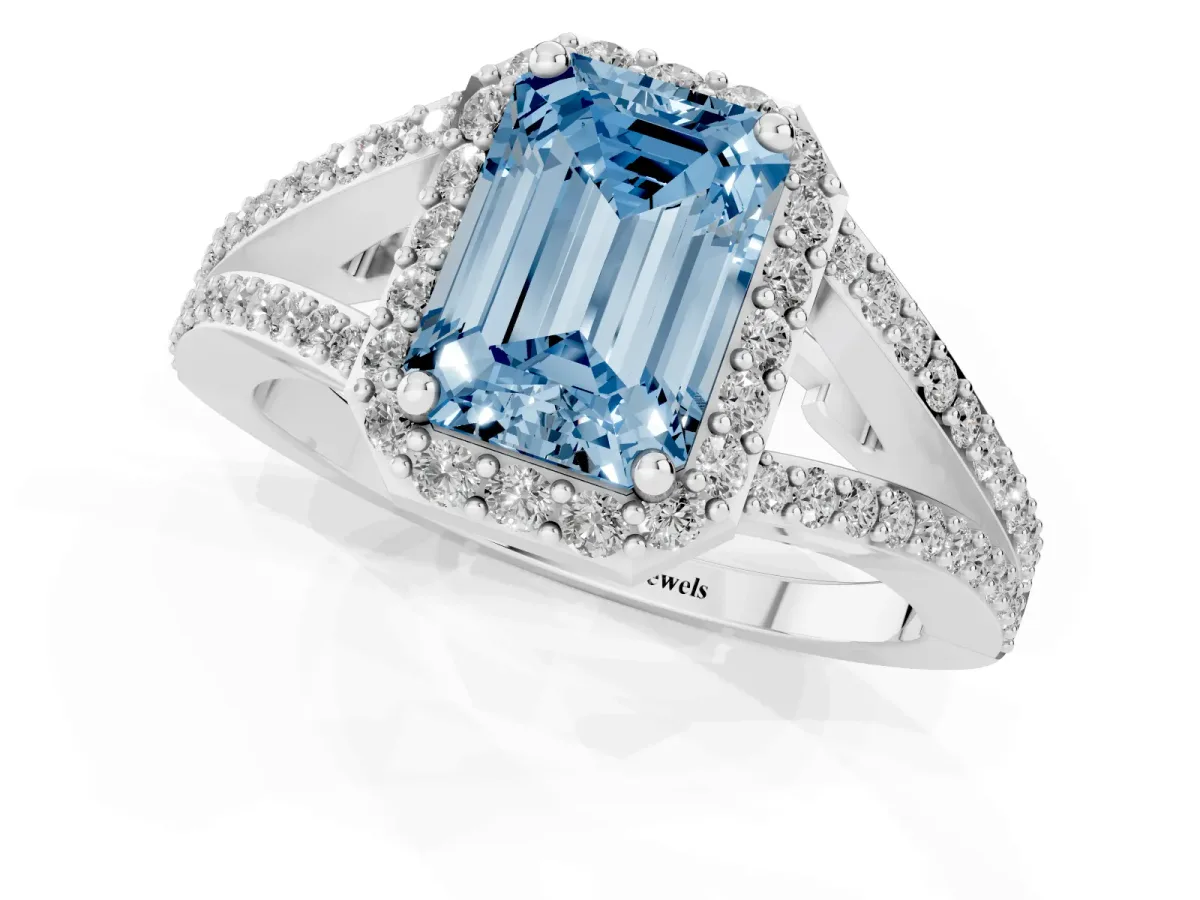 Fancy Blue Emerald Cut Halo Split Shank Diamond Ring with Prong Setting Platinum