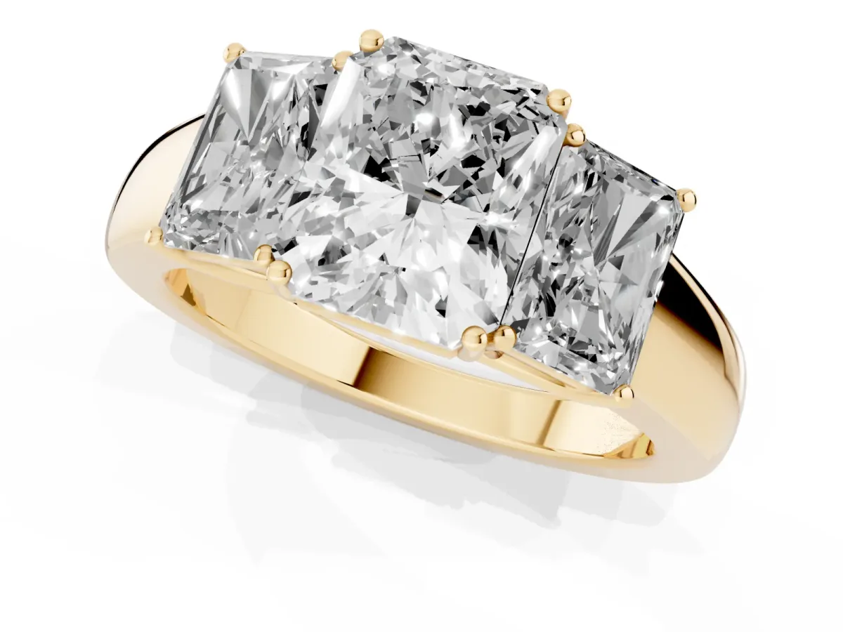 Three-Stone Radiant Cut Cut Diamond Ring with Prong Setting and Classic Band Yellow gold