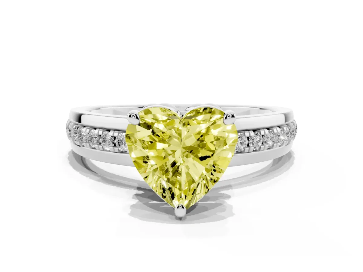 Fancy Yellow Heart Cut Solitaire Diamond Ring with Channel Set Band and Six-Prong Setting Platinum
