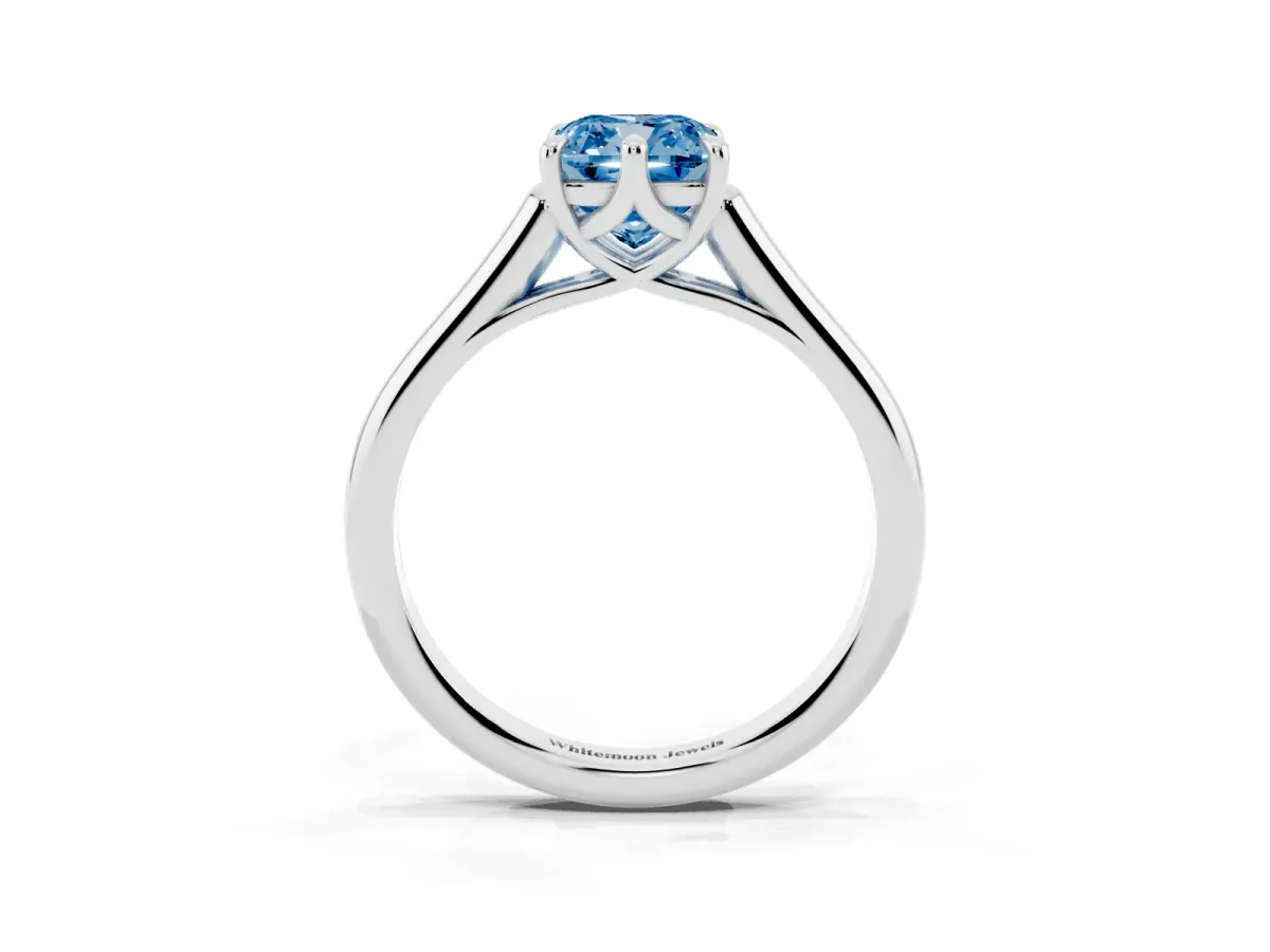 Fancy Blue Cushion Cut Solitaire Engagement Ring with Six-Prong Setting and Classic Band Platinum