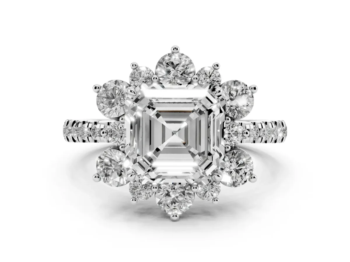 Asscher Cut Diamond Floral Halo Ring with Round Pavé Band and Prong Setting White gold