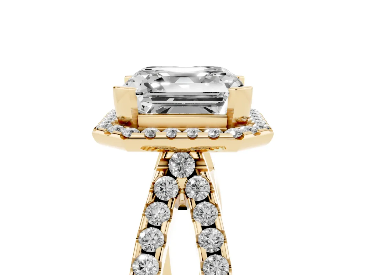Asscher Cut Diamond Halo Ring with Split Shank Pavé Band and Prong Setting Yellow gold