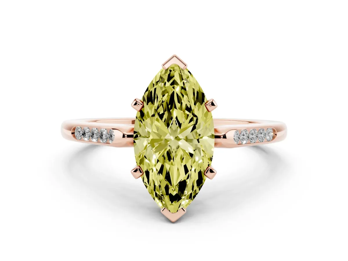 Fancy Yellow Marquise Cut Diamond Solitaire Ring with Channel Set Round Band and Prong Setting Rose gold