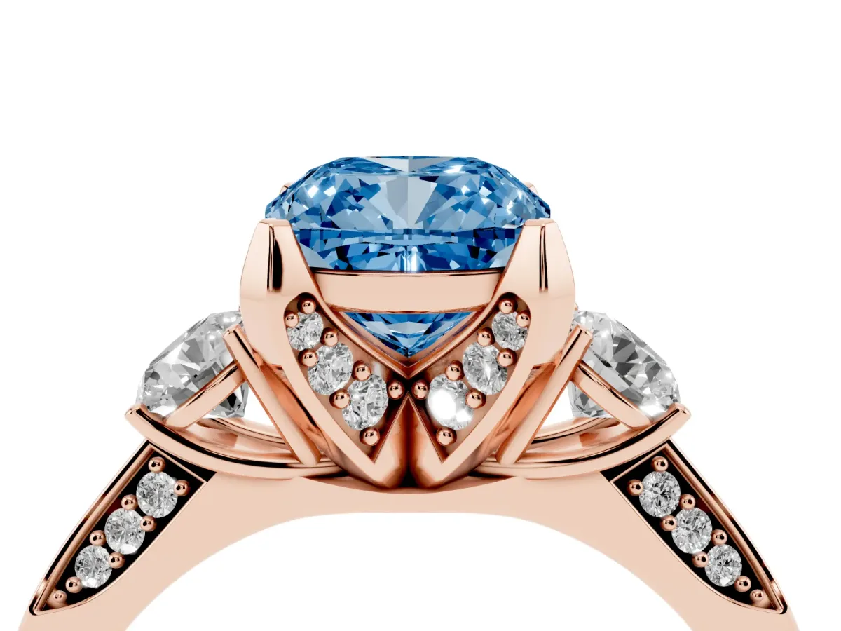 Fancy Blue Cushion Cut Brilliant Three-Stone Diamond Ring with Pavé Band and Four-Prong Setting Rose gold