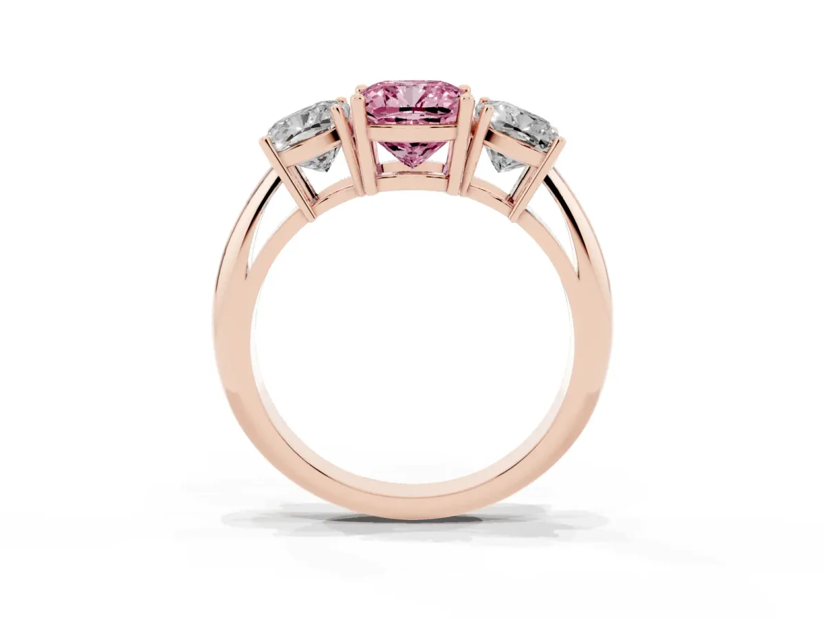 Fancy Pink Three-Stone Cushion Cut Cut Diamond Engagement Ring with Prong Setting on a White Gold Band Rose gold