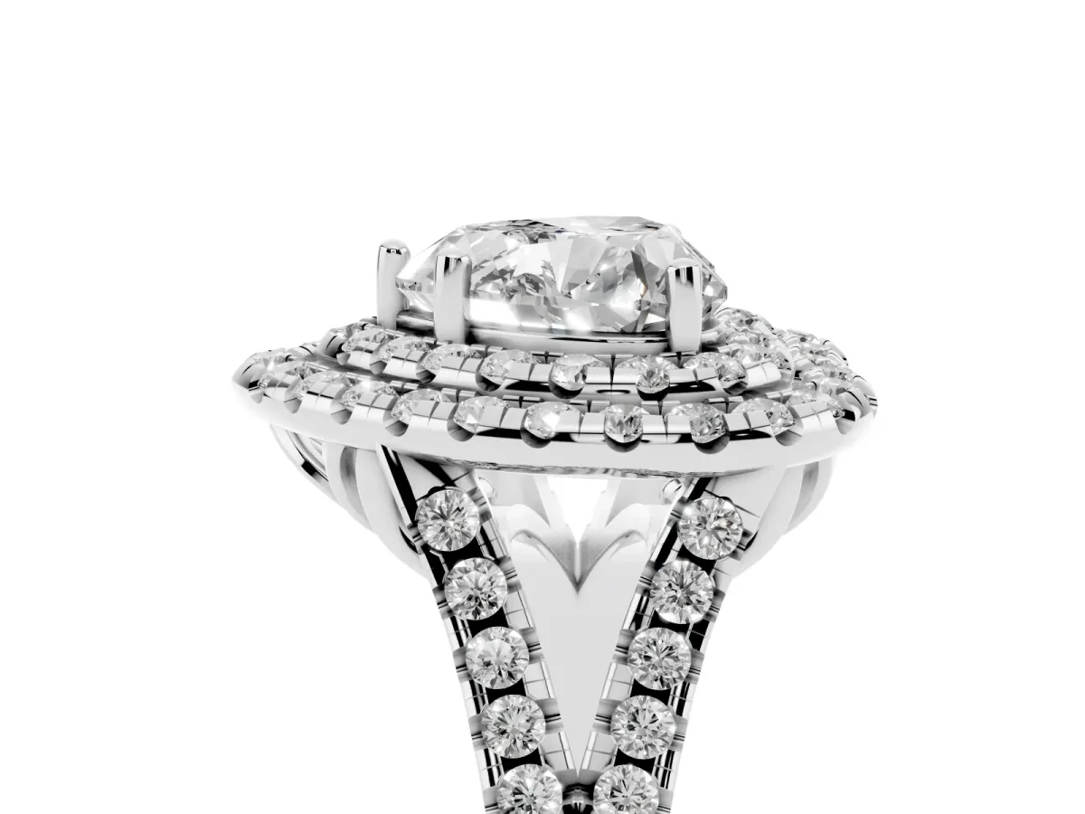 Double Halo Heart Cut Diamond Pavé Split Shank Ring with Prong Setting Silver