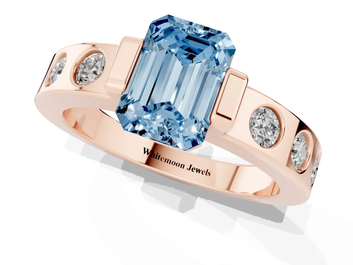 Fancy Blue Emerald Cut Brilliant Channel-Set Diamond Ring with Bezel Prong Setting Rose gold