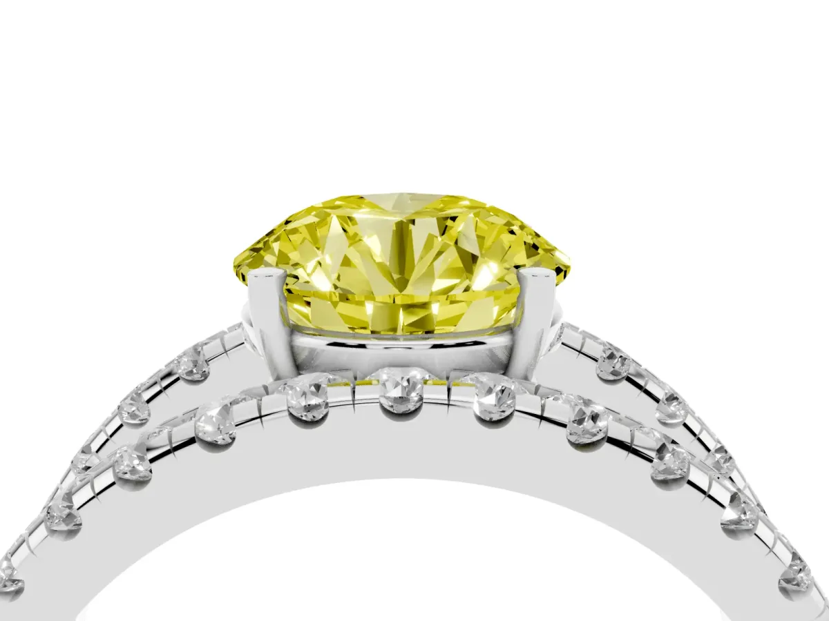 Fancy Yellow Round Cut Solitaire Split Shank Pave Diamond Ring Silver
