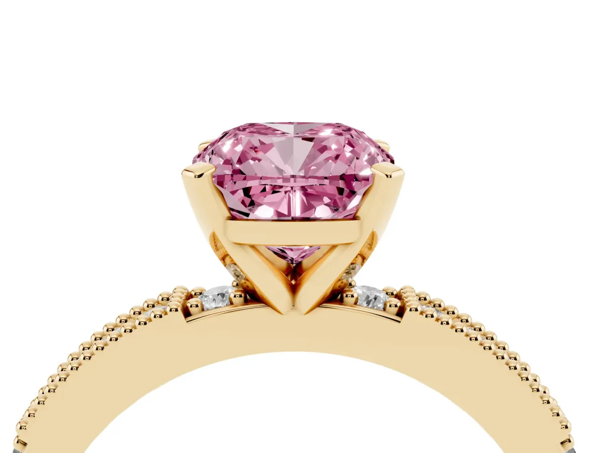 Fancy Pink Cushion Cut Solitaire with Pavé Band and Four-Prong Setting Yellow gold