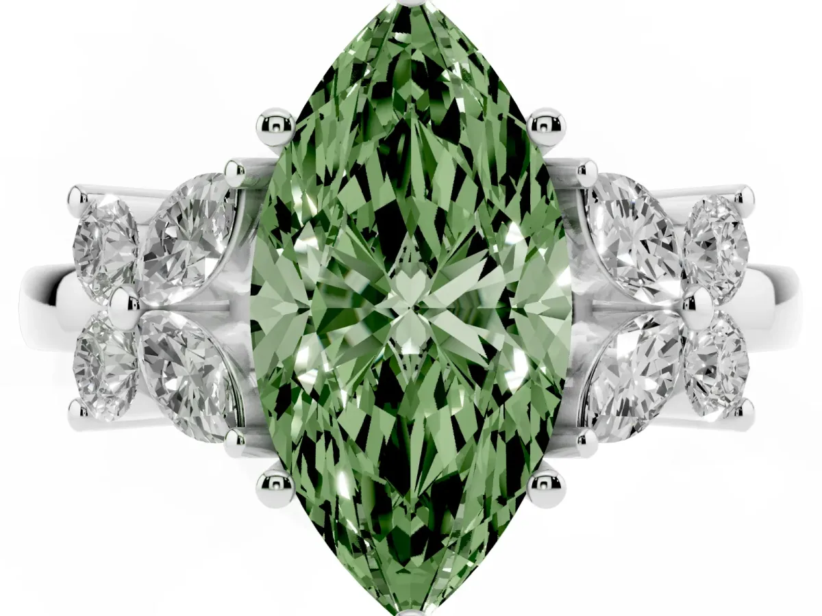 Fancy Green Marquise Cut Diamond Floral Cluster Ring with Solitaire Band and Prong Setting Platinum
