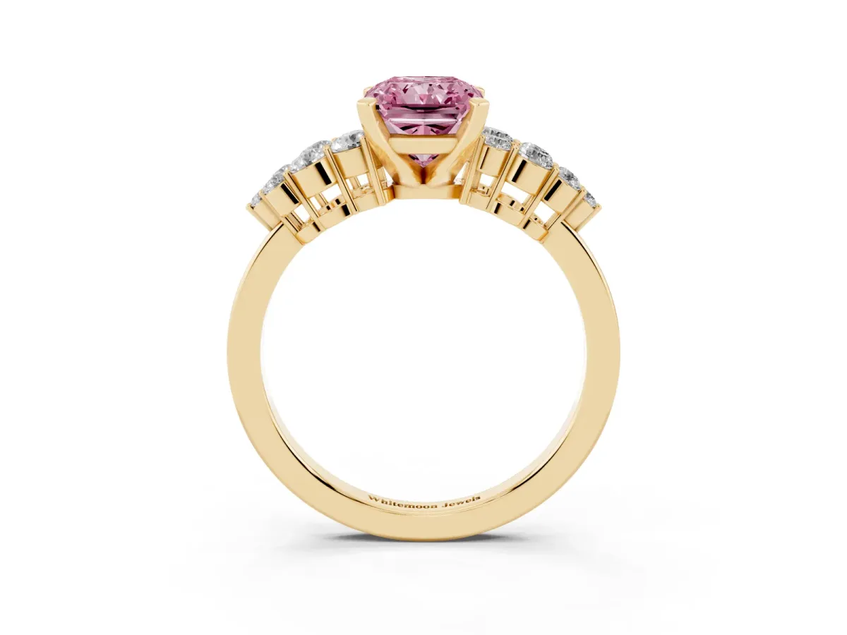 Fancy Pink Radiant Cut Cluster Diamond Engagement Ring with Pavé Band and Four-Prong Setting Yellow gold