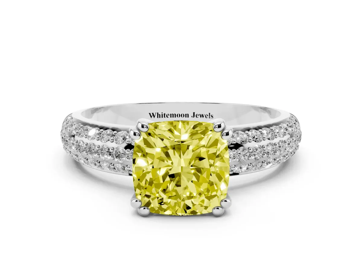 Fancy Yellow Cushion Cut Diamond Solitaire Ring with Multi-Row Round Pavé Band and Prong Setting Silver