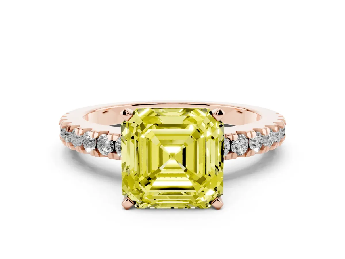 Fancy Yellow Asscher Cut Solitaire Diamond with Pavé Band and Four-Prong Setting Rose gold