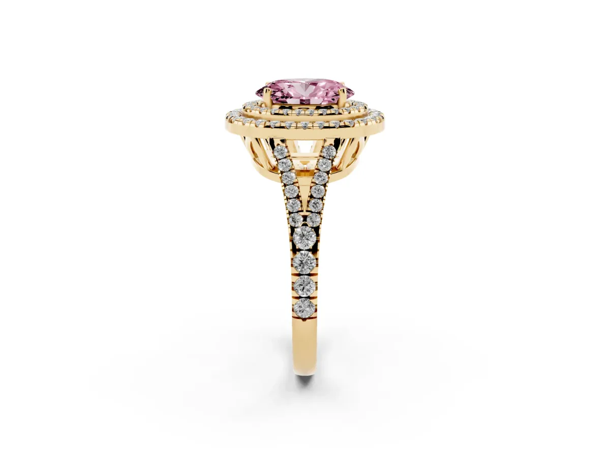 Fancy Pink Oval Cut Diamond Double Halo Ring with Pavé Band and Prong Setting Yellow gold