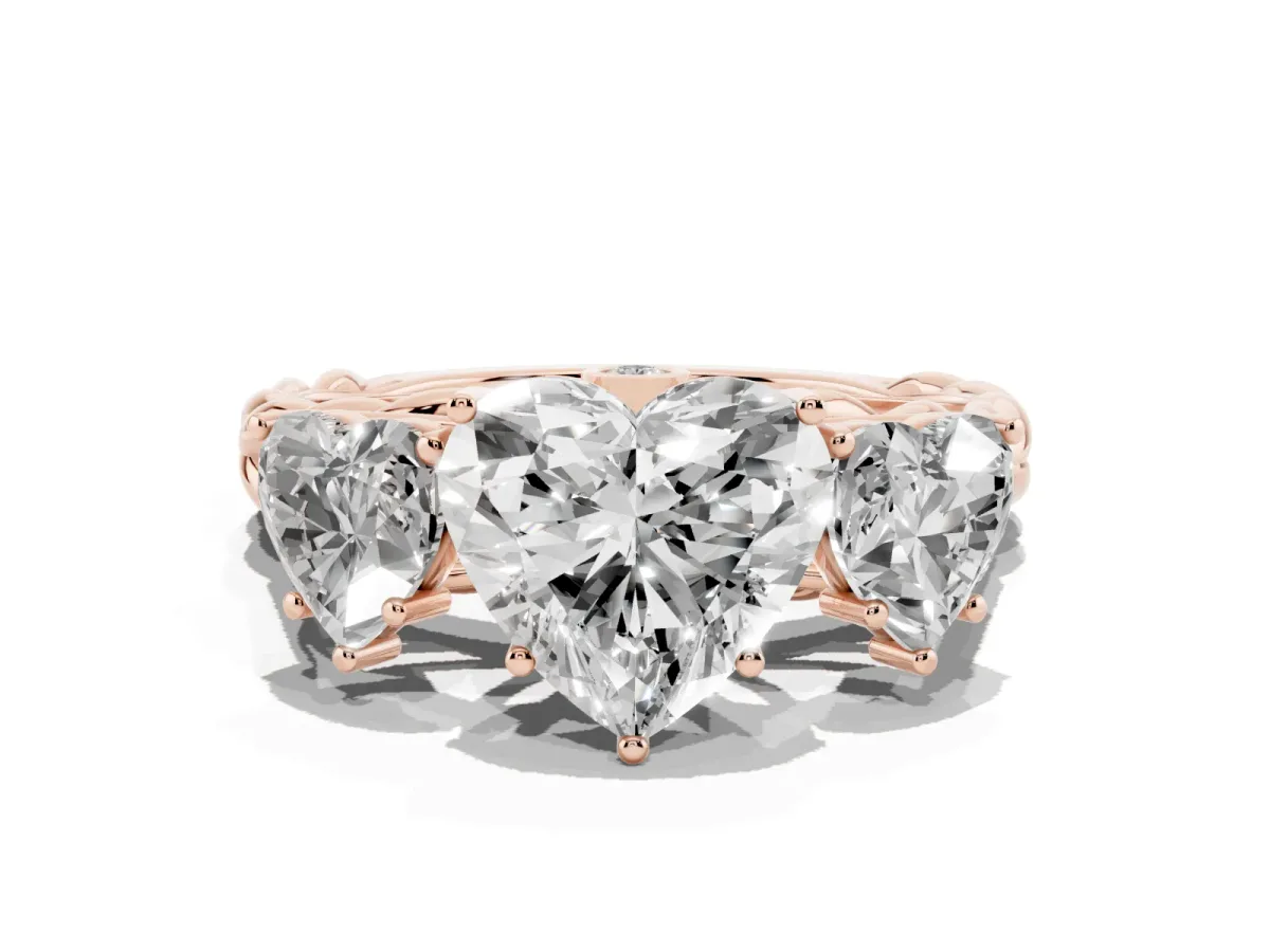 Three-Stone Heart Cut Diamond Braided Band Ring with Four-Prong Setting Rose gold