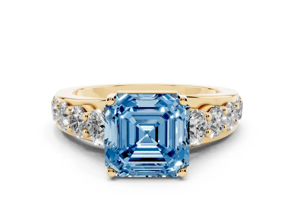 Fancy Blue Asscher Cut Diamond Engagement Ring with Pavé Band and Four-Prong Setting Yellow gold