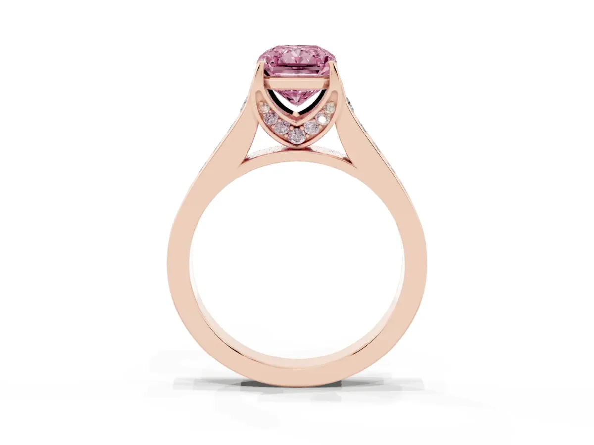 Fancy Pink Radiant Cut Brilliant Cut Diamond Engagement Ring with Pavé Band and Four-Prong Setting Rose gold
