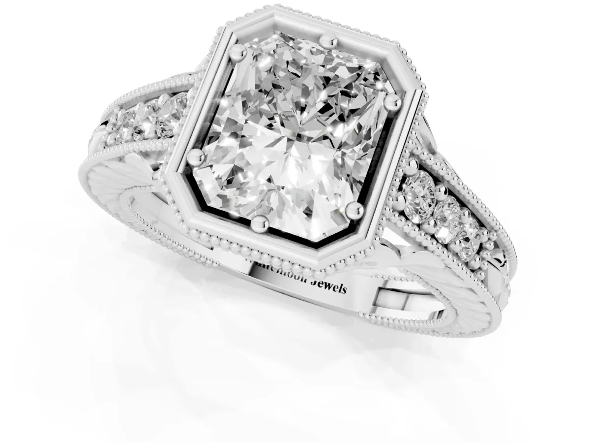 Bezel Set Radiant Cut Diamond Milgrain Pave Engagement Ring Silver