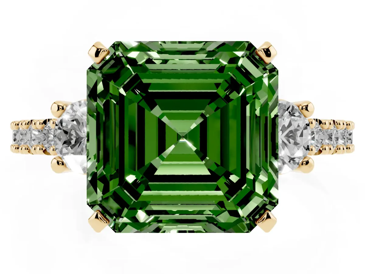 Fancy Green Asscher Cut Three-Stone Diamond Pavé Band with Prong Setting Yellow gold