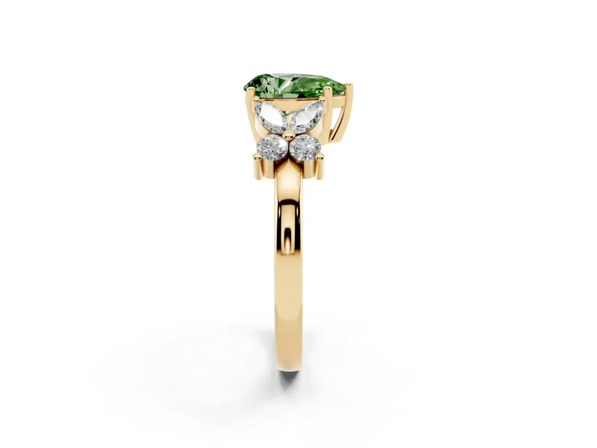 Fancy Green Pear Cut Diamond Floral Cluster Ring with Solitaire Band and Prong Setting Yellow gold