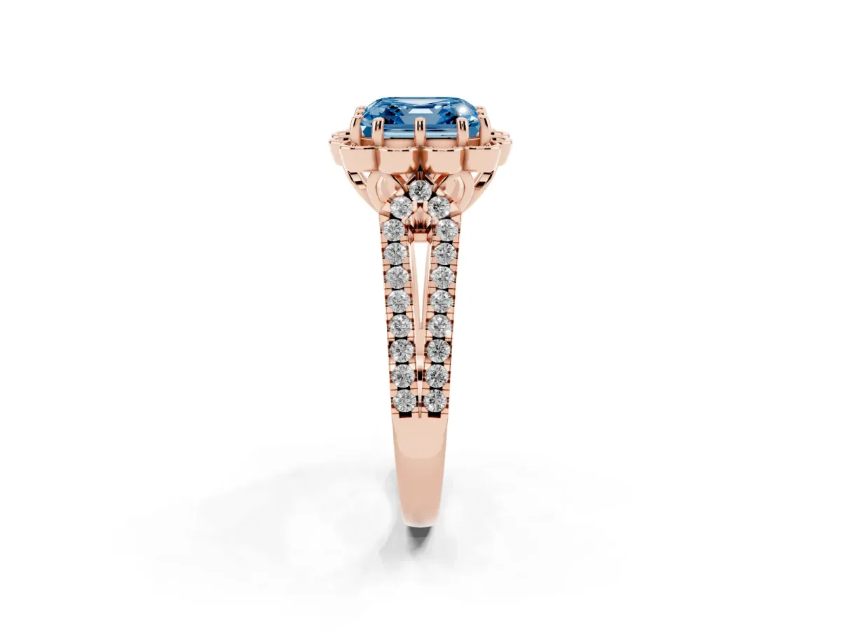 Fancy Blue Asscher Cut Halo Diamond Floral Split Shank Engagement Ring Rose gold