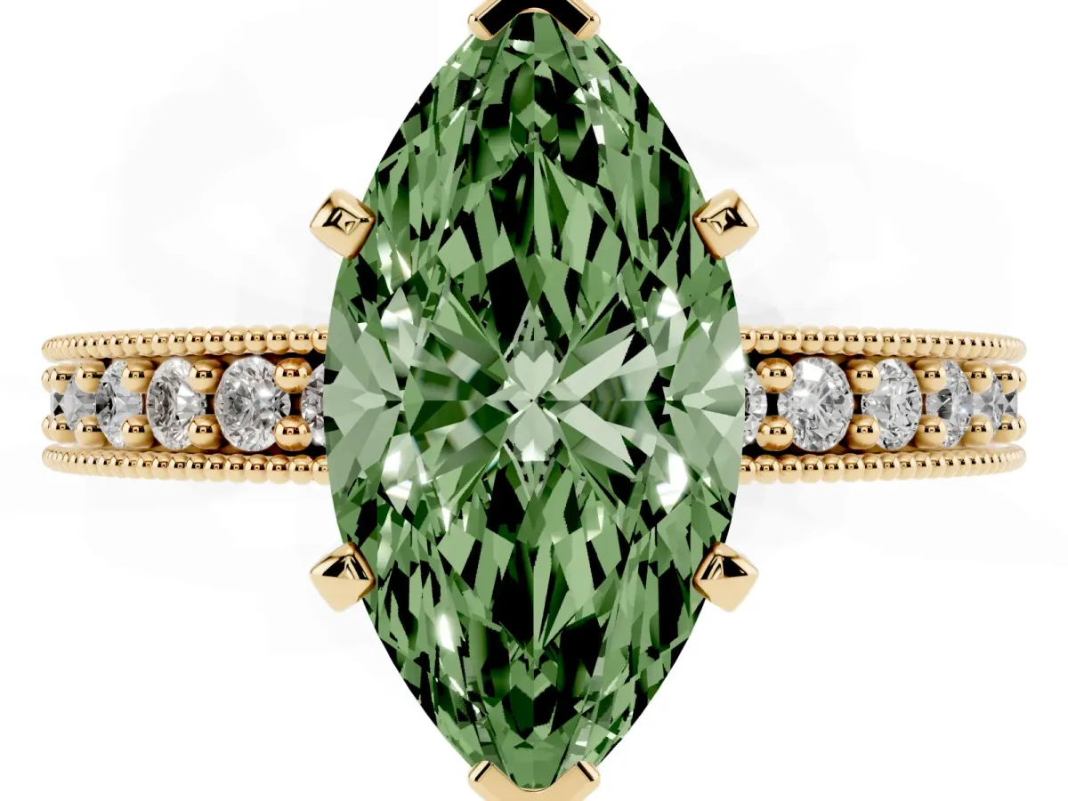 Fancy Green Marquise Cut Diamond Milgrain Pavé Engagement Ring with Four-Prong Setting Yellow gold