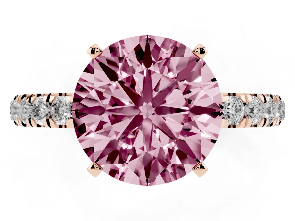 Fancy Pink Round Cut Diamond Solitaire Ring with Pavé Accents and Four-Prong Setting Rose gold