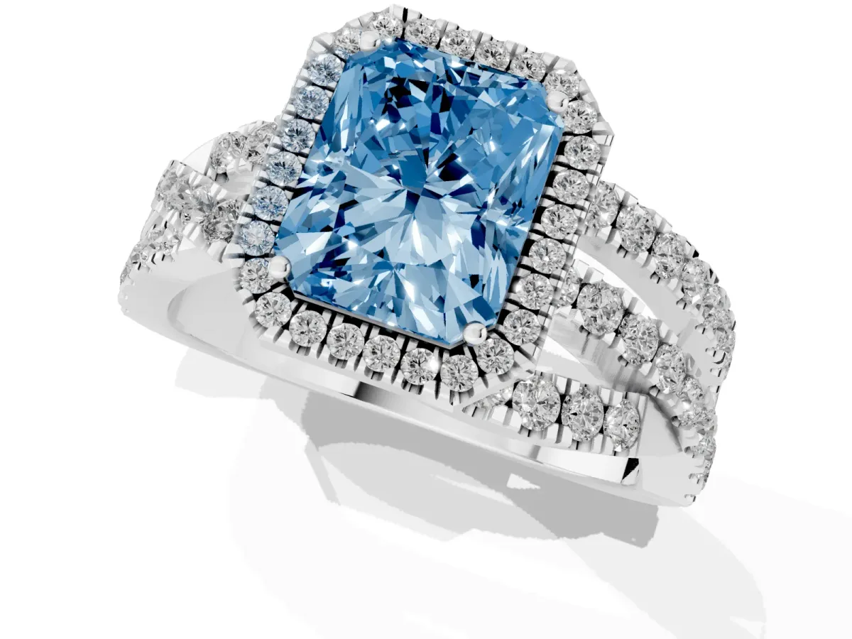 Fancy Blue Radiant Cut Diamond Halo Ring with Round Split Shank and Prong Setting Platinum