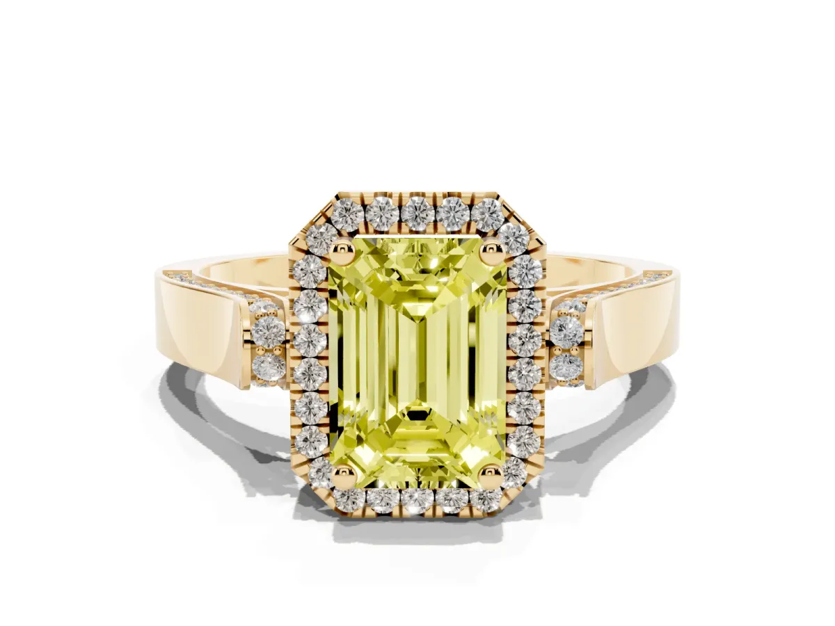 Fancy Yellow Emerald Cut Halo Pave Split Shank Prong Setting Ring Yellow gold