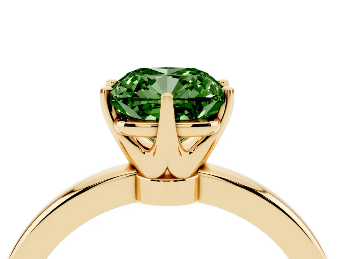 Fancy Green Cushion Cut Solitaire Diamond Ring with Six-Prong Setting on a Classic Band Yellow gold