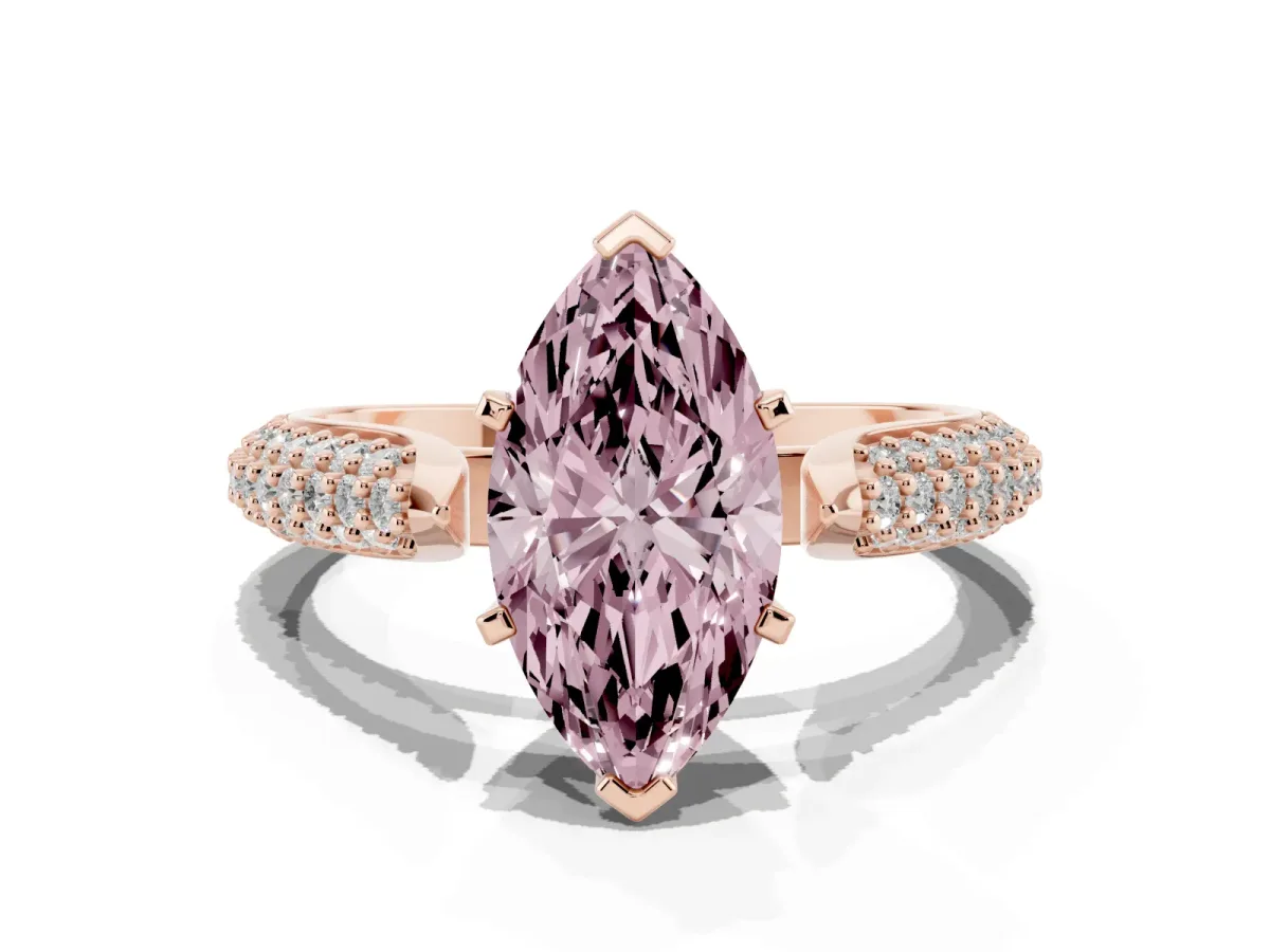 Fancy Pink Marquise Cut Diamond Solitaire Engagement Ring with Multi-Row Round Pavé Band and Prong Setting Rose gold