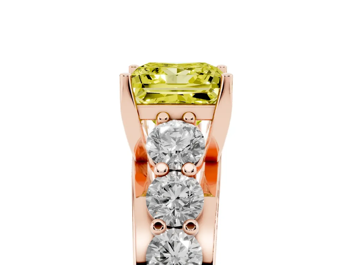 Fancy Yellow Princess Cut Diamond Engagement Ring with Pavé Band and Four-Prong Setting Rose gold