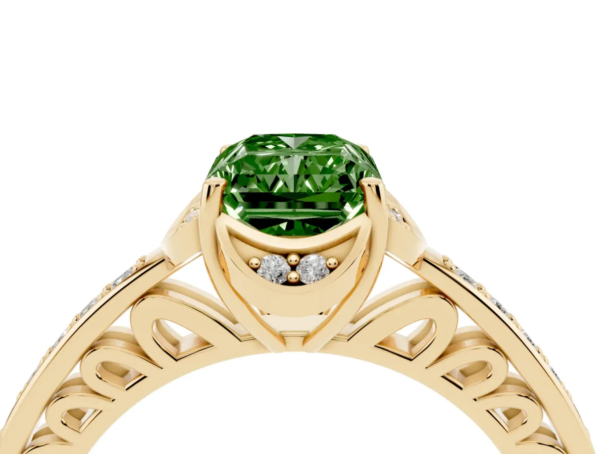 Fancy Green Radiant Cut Cut Halo Diamond Ring with Channel Set Band and Four-Prong Setting Yellow gold