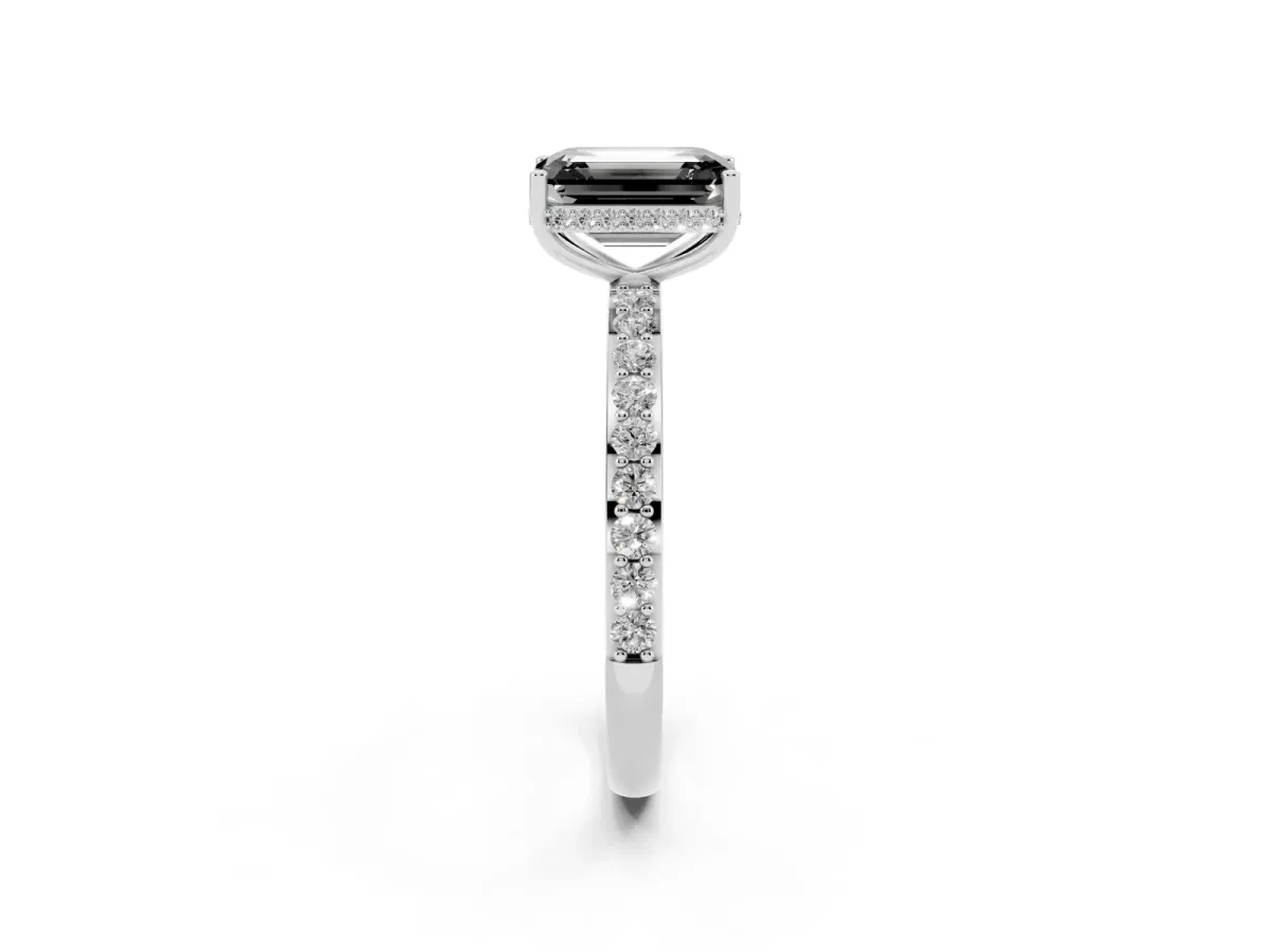 Fancy Black Emerald Cut Diamond Solitaire Ring with Pavé Band and Hidden Halo Silver