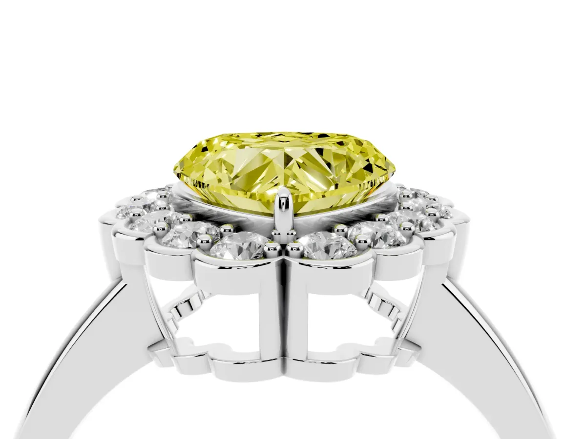Fancy Yellow Heart Cut Halo Cluster Diamond Engagement Ring with Solitaire Band and Prong Setting Platinum