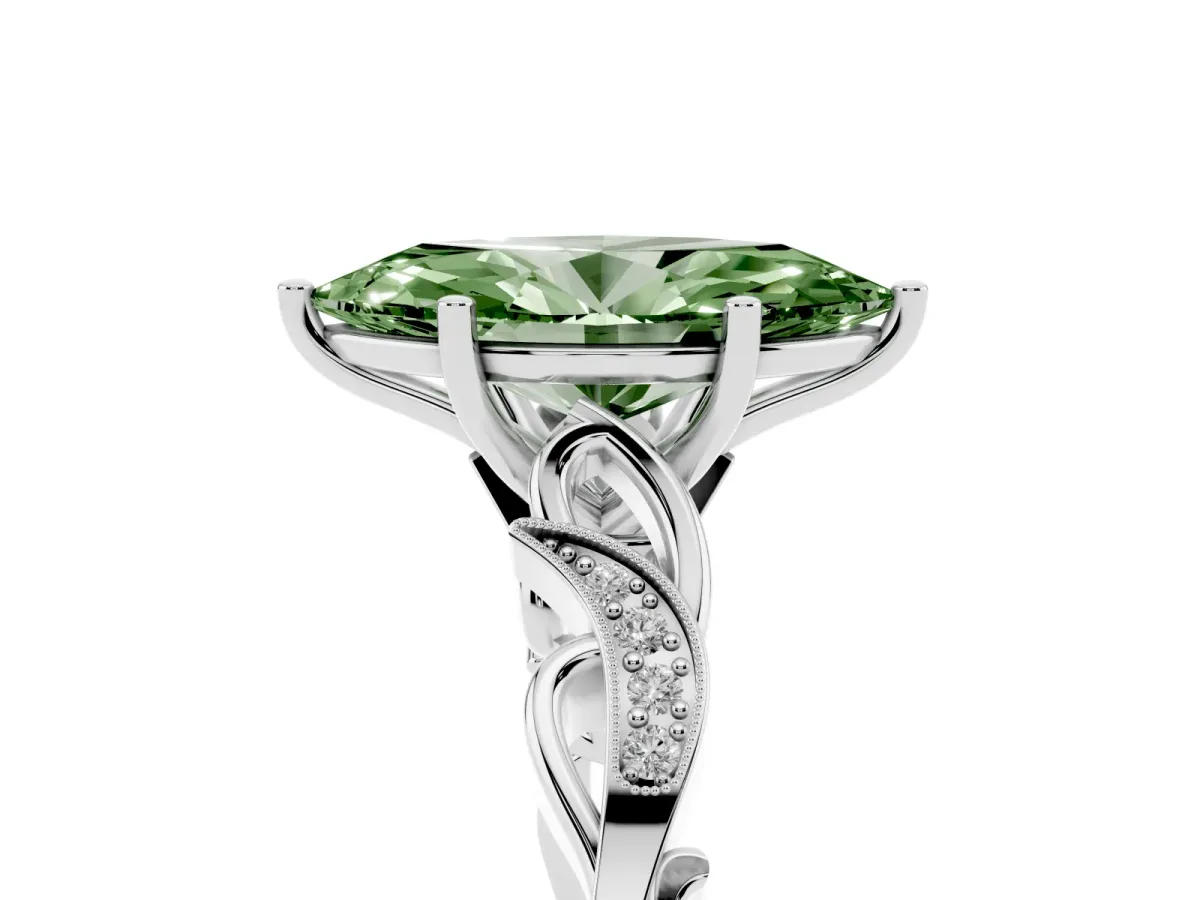 Fancy Green Marquise Cut Solitaire Vine Band with Milgrain Prong Setting Silver
