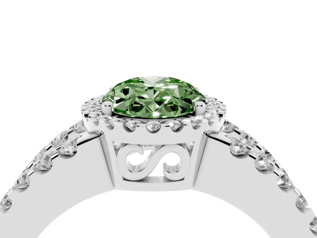 Fancy Green Oval Cut Cut Halo Split Shank Diamond Ring with Four-Prong Setting Platinum