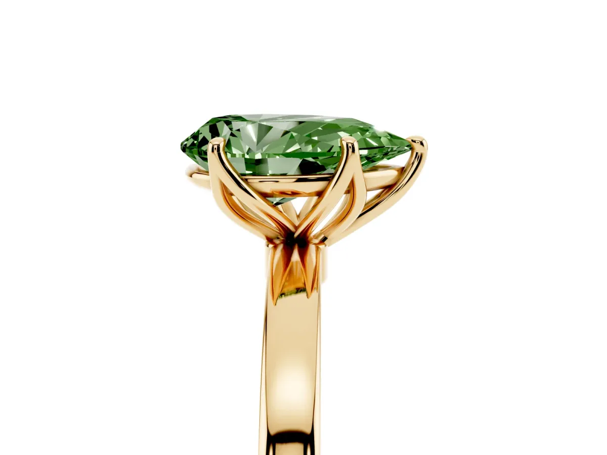 Fancy Green Pear Cut Diamond Solitaire Ring with Thin Band and Prong Setting Yellow gold