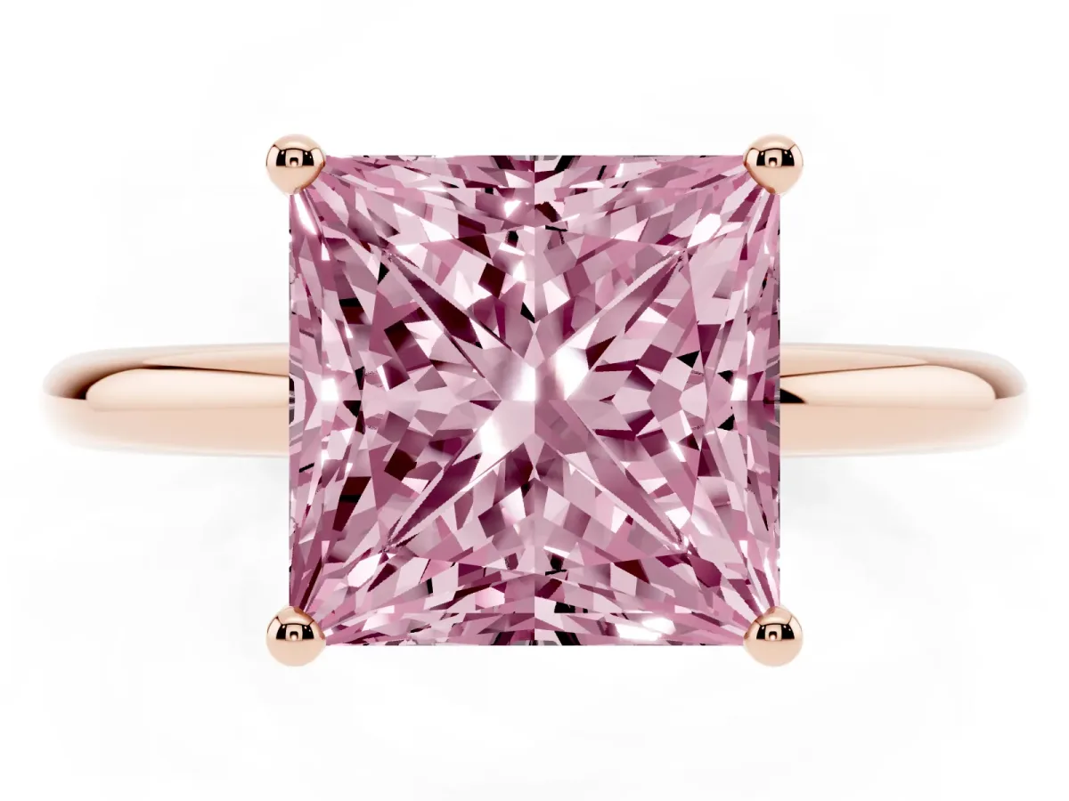 Fancy Pink Princess Cut Cut Solitaire Engagement Ring with Four-Prong Setting and Classic Band Rose gold