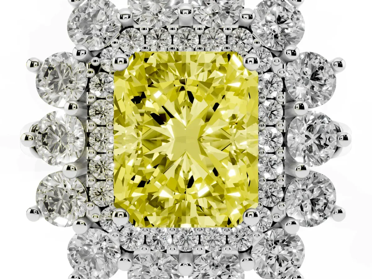 Fancy Yellow Radiant Cut Diamond Floral Double Halo Engagement Ring with Prong Setting Platinum