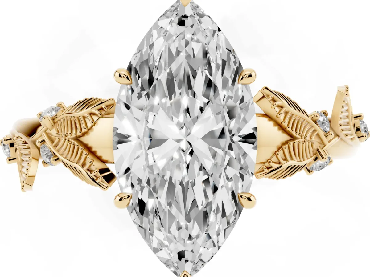 Marquise Cut Diamond Solitaire Ring with Leaf Motif Band and Four-Prong Setting Yellow gold
