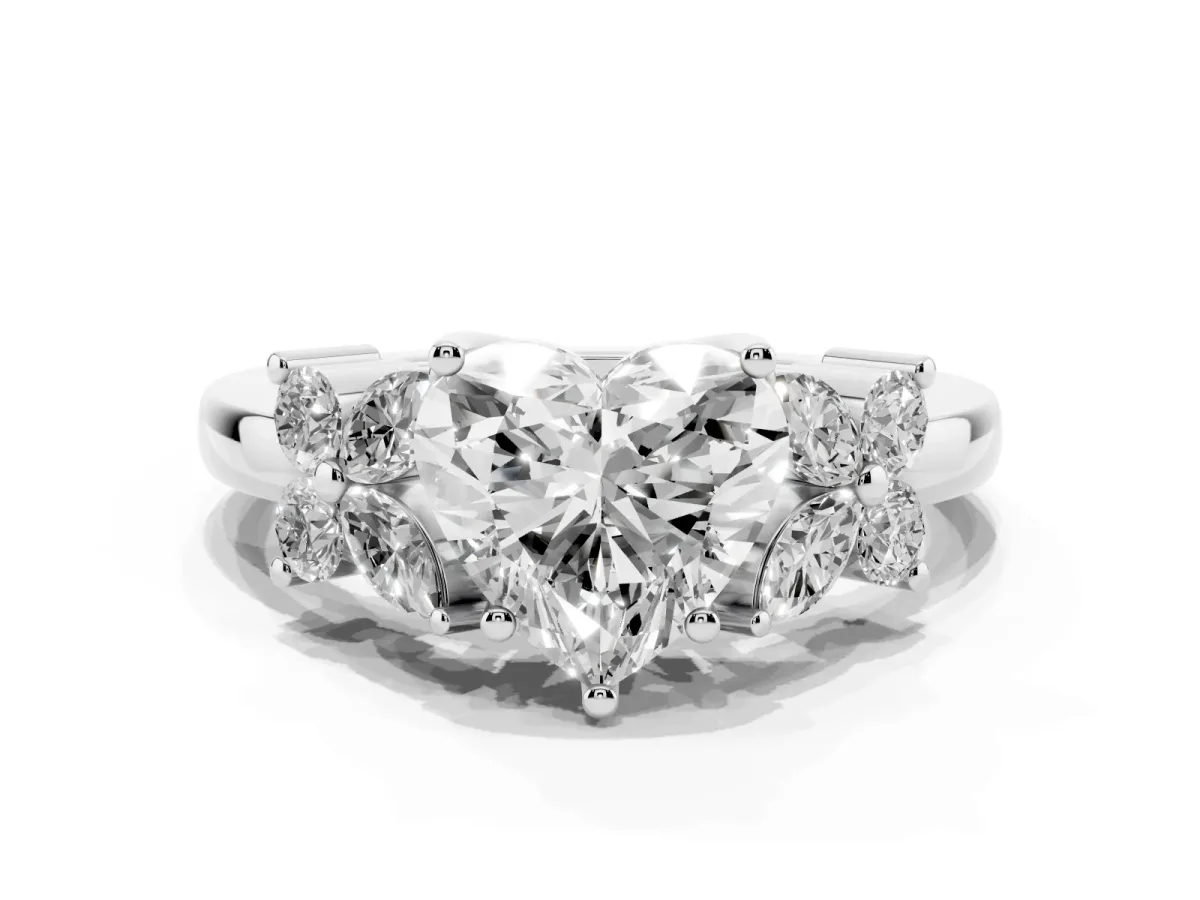 Heart Cut Diamond Floral Cluster Ring with Solitaire Band and Prong Setting Platinum